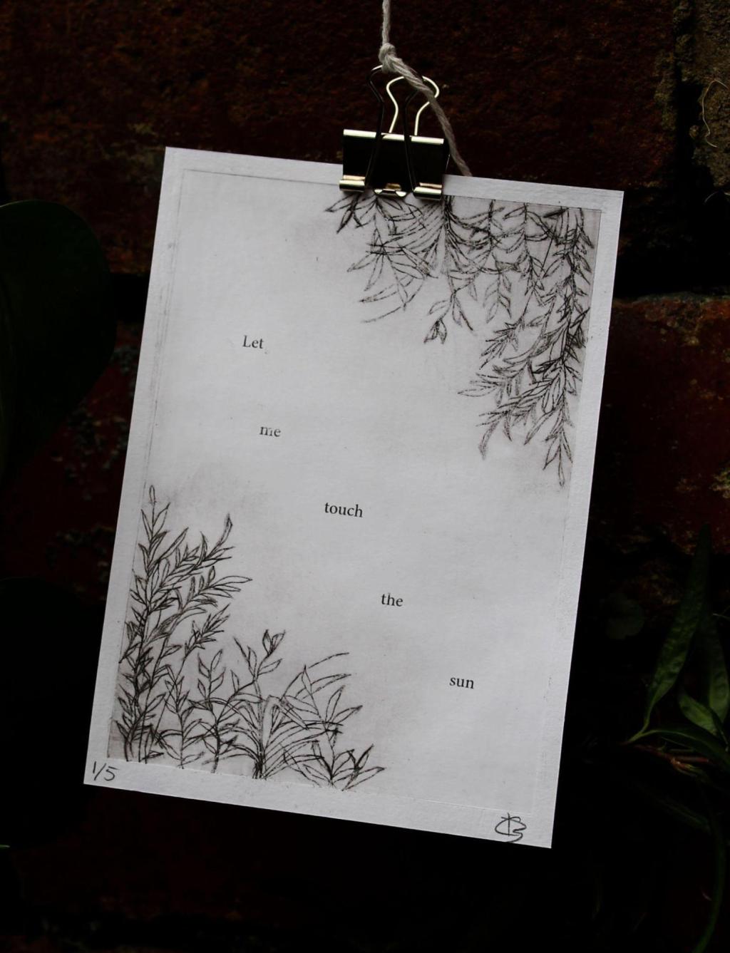 intaglio print with text reading 'let me touch the sun'