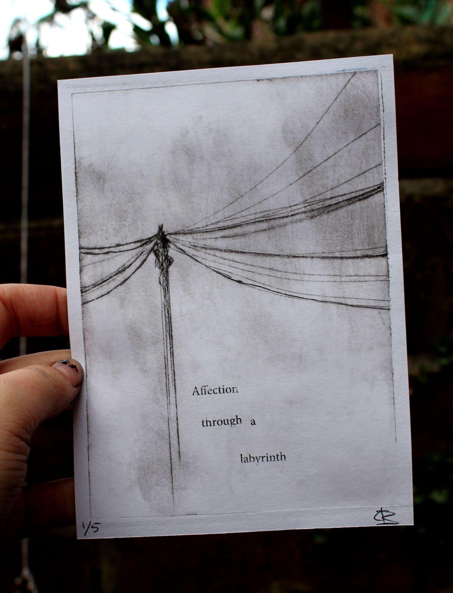 intaglio print with text reading 'Affection through a Labrinth'